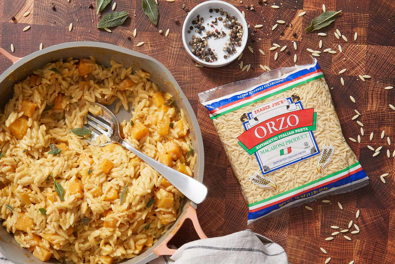 Trader Joe's Orzo Italian Pasta, used in recipe for 'Cacio e Peppe Orzotto with Butternut Squash and sage'; prepared in pan, with fried sage leaves garnish