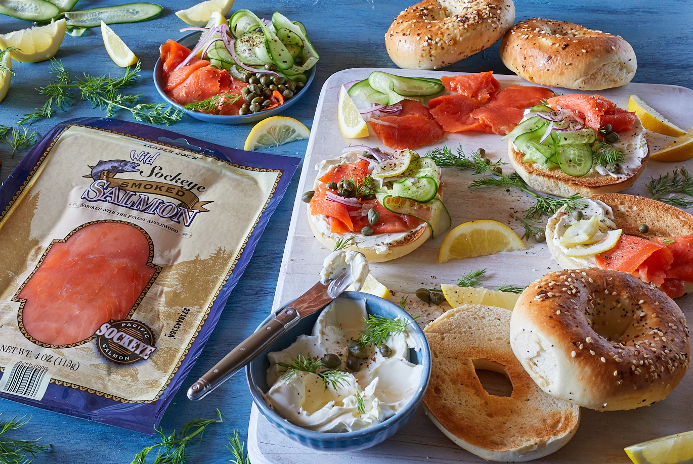 Smoked salmon cream cheese bagel open faced