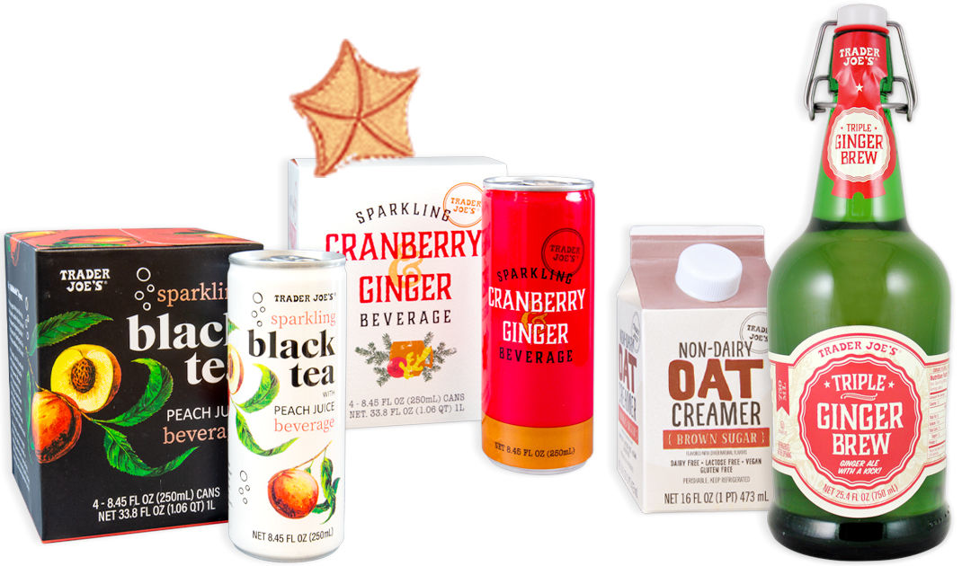 Four packaged TJ's products, including: Sparkling Black Tea with Peach Juice Beverage, Sparkling Cranberry Ginger Beverage, Non-Dairy Oat Creamer, and Triple Ginger Brew