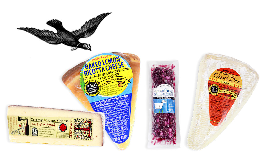 Four packaged TJ's cheeses, including: Creamy Toscano Cheese Soaked in Syrah, Baked Lemon Ricotta Cheese, Blueberry & Vanilla Chevre, and Traditional French Brie
