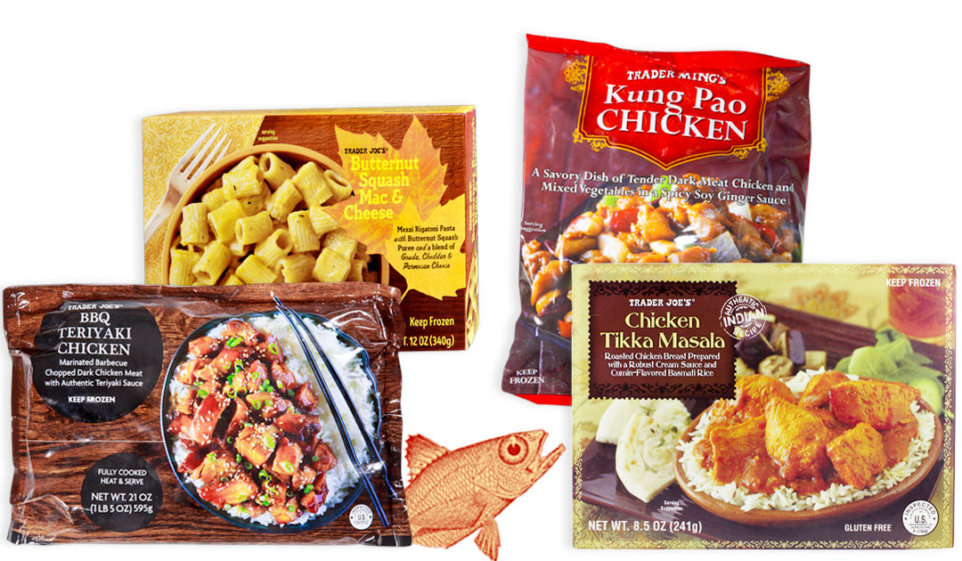 Four packaged TJ's entrees, including: BBQ Teriyaki Chicken, Butternut Squash Mac & Cheese, Kung Pao Chicken, and Chicken Tikka Masala