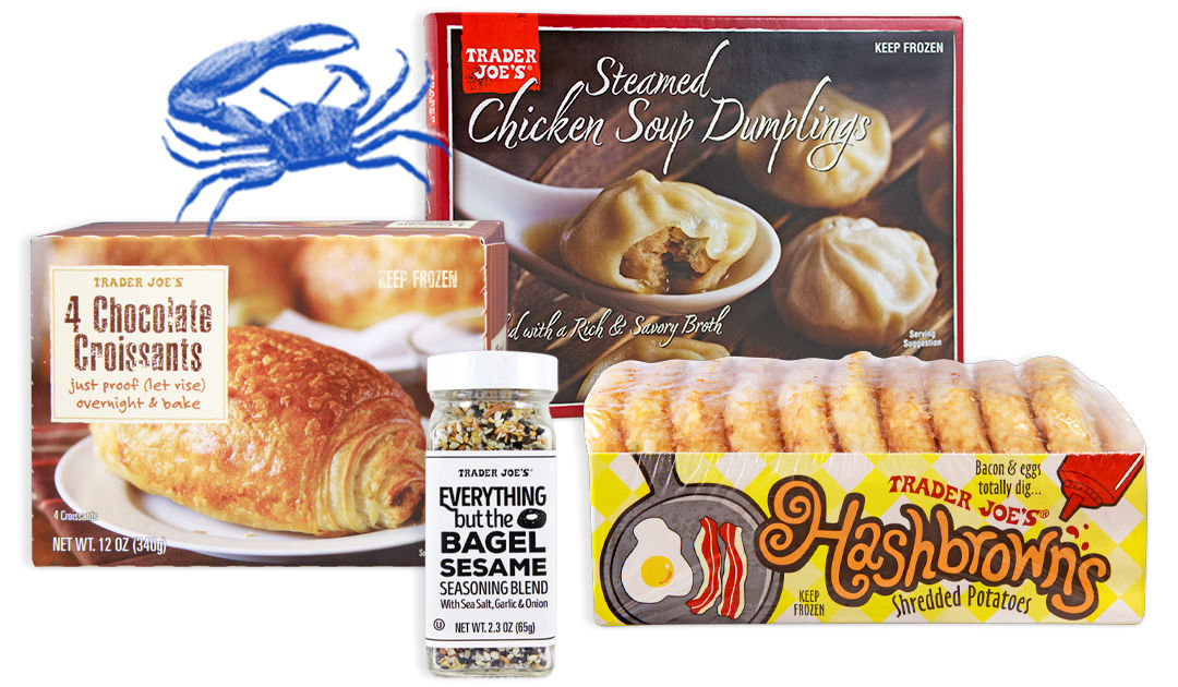 Four packaged TJ's products, including: 4 Chocolate Croissants, Steamed Chicken Soup Dumplings, Hashbrowns, and Everything but the Bagel Sesame Seasoning Blend
