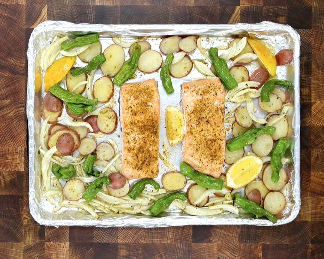 Citrusy Salmon & Shishitos Sheet Pan